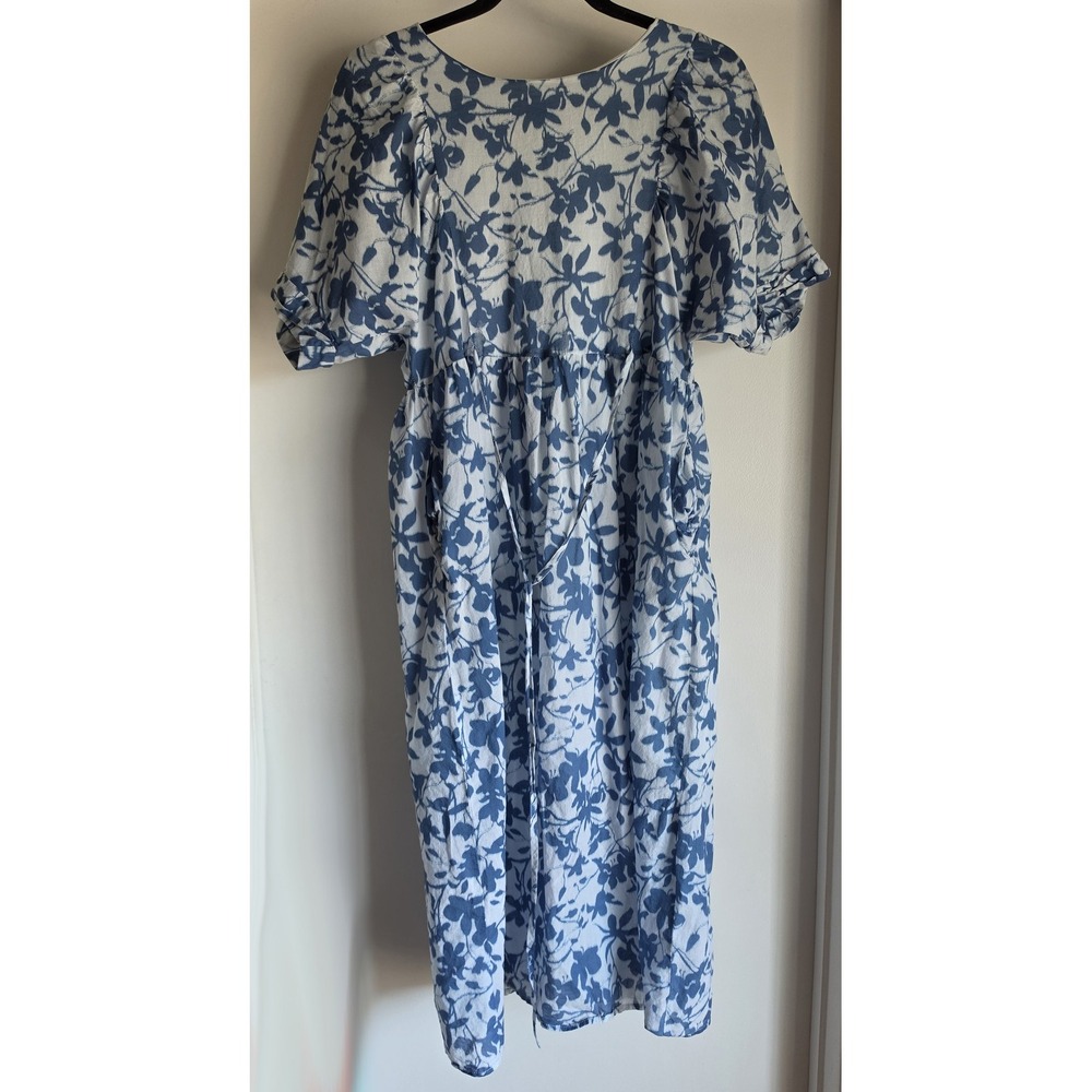 Color Block Blue White Floral Cotton Midi Dress M Casual Coastal Lined Pockets